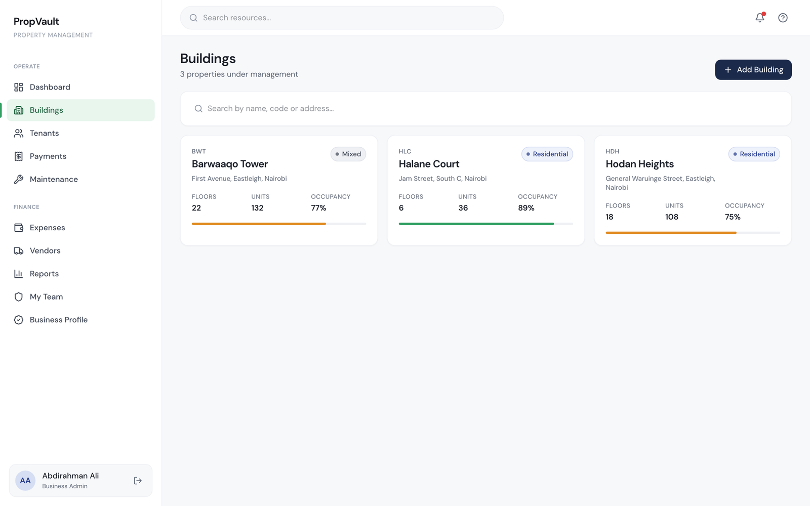 Actual PropVault buildings page with per building occupancy